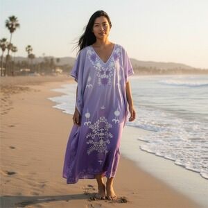 Debbie Katz Claire Embroidered Maxi Dress Medium‎ Ombre Purple Cover Up Kaftan